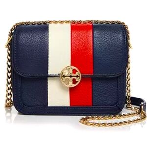 TORY BURCH Duet Chain Stripe Micro Leather Shoulder/Crossbody Bag Navy Blue